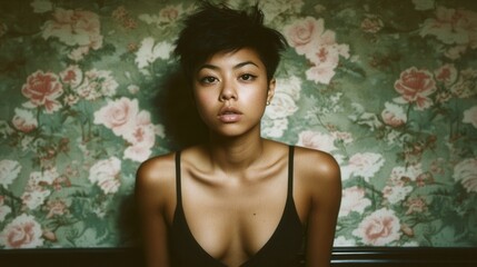 Portrait of a young woman with short hair against a floral wallpaper background in soft lighting