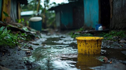 A yellow bucket sits in a puddle of rainwater amidst a muddy path, surrounded by rustic structures in a rainy, tropical environment.