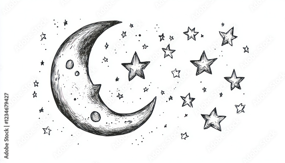 Poster celestial sketches: a hand-drawn moon and starry array on a stark white canvas