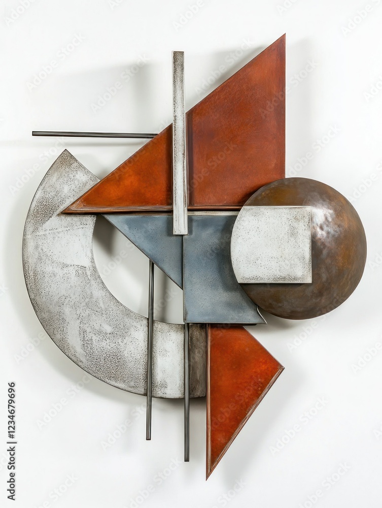 Poster geometric assemblage: a composition of metallic shapes with textural variance