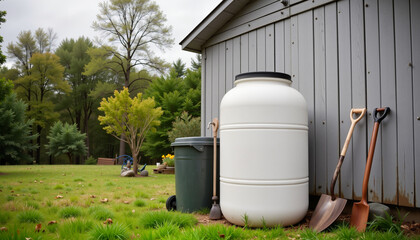 Rural backyard with white rain barrel and shed, sustainable gardening