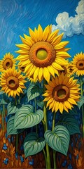 Obraz premium Vibrant yellow petals, golden center, green leaves, and blue sky, evoking warmth and optimism