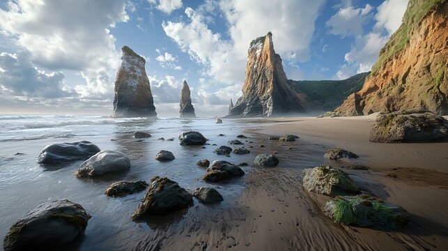 Scenic Rocky Beach at Low Tide with Tide Pools and Dramatic Sky