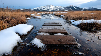 Winter mountain landscape, wooden path across stream
