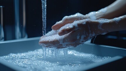 A person is washing their hands with soap under running water, creating bubbles in a sink, emphasizing cleanliness and hygiene.