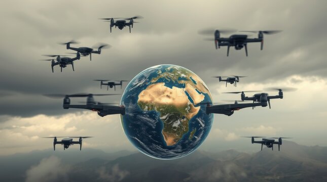 A swarm of drones encircles the Earth, symbolizing global technological reach and potential implications.