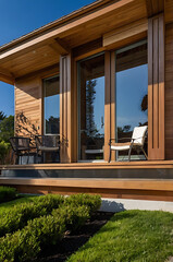 Modern Wooden House Exterior with Stunning Garden View. Contemporary Home Design, Luxury Real Estate, Perfect for Relaxing Summer Days