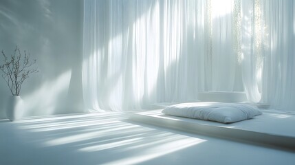 Serene White Room Bathed in Warm Midday Sunlight with Soft Shadows and Minimalist D&eacute;cor
