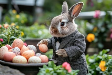Rabbit in a suit arranging colorful eggs in a garden during springtime festivities
