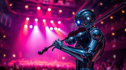 A captivating robot violinist mesmerizes a large audience during a vibrant concert under dynamic stage lighting.