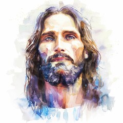 Watercolor illustration of a serene Jesus face halo glowing subtly