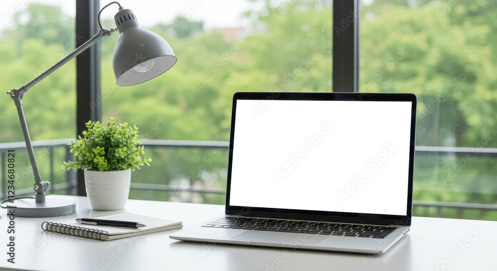 Poster a close-up view of a laptop with a blank white screen placed on a sleek desk in front of a large win