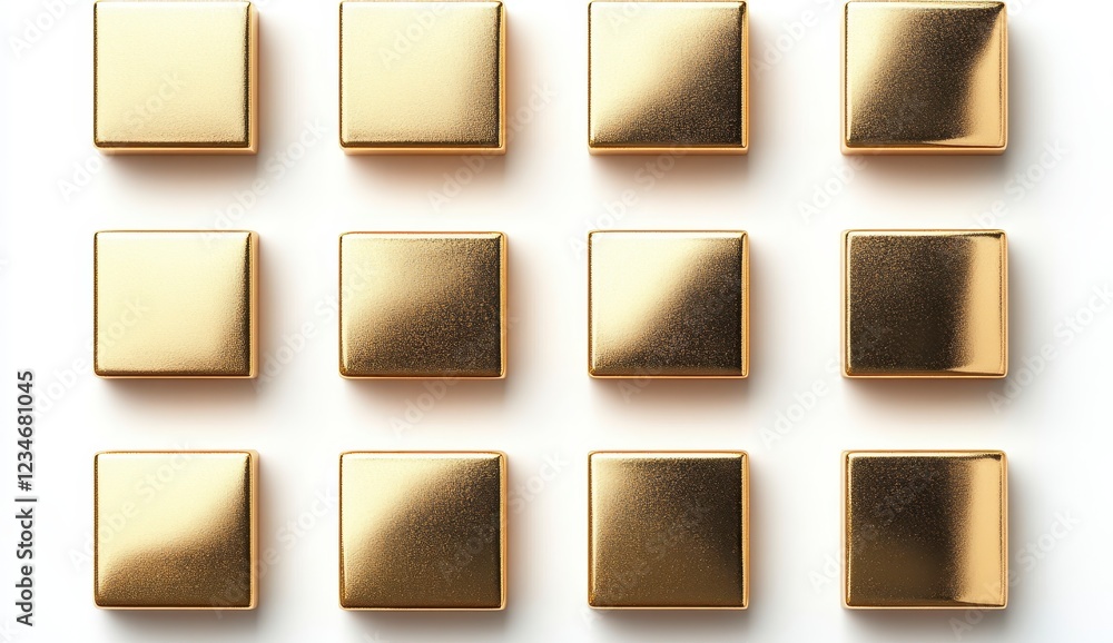 Poster twelve gold square boxes arranged in a grid pattern on a white background. the boxes have a subtle t