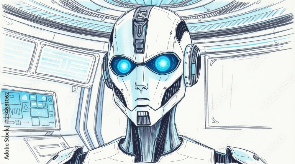 Poster close-up of a futuristic robot with glowing blue eyes in a technologically advanced setting.