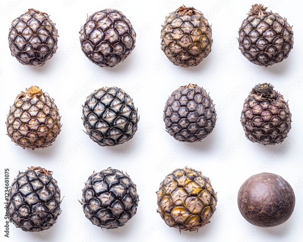 Poster overhead shot of twelve dark brown and tan textured spherical seeds arranged in a grid pattern on a 