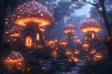 Naklejka premium Enchanting Glowing Mushroom Homes In A Mystical Forest