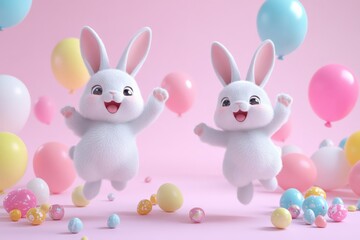 Joyful rabbits celebrate with pastel balloons and colorful eggs in a cheerful spring setting