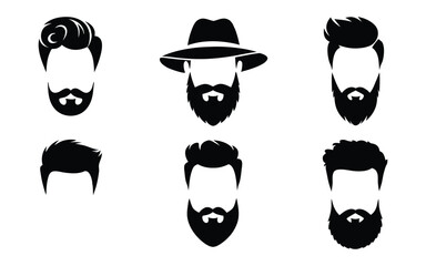 Hipster detailed hair and beards set. Fashion bearded man silhouette. Black beard isolated on white background. Vector illustration