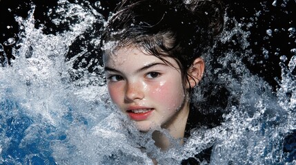 Obraz premium Young girl splashes water with joy during swimming activity at local pool under bright light