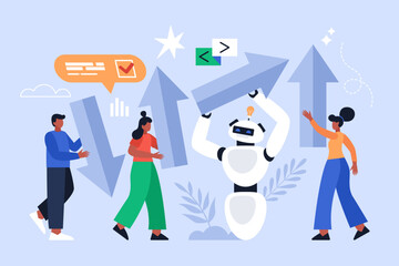 Artificial intelligence tool for business transformation to better result concept. Modern vector illustration of people using AI technology and holding arrows, changing direction