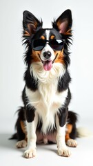 Fototapeta premium The dog is wearing sunglasses and looking at the camera with its tongue out