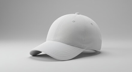 Fototapeta premium A plain white baseball cap displayed in a studio setting with a solid light gray background