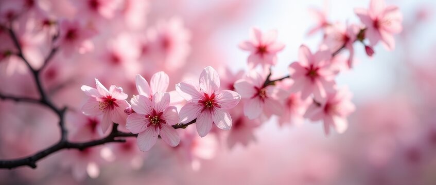 Delicate pink flowers on a tree branch