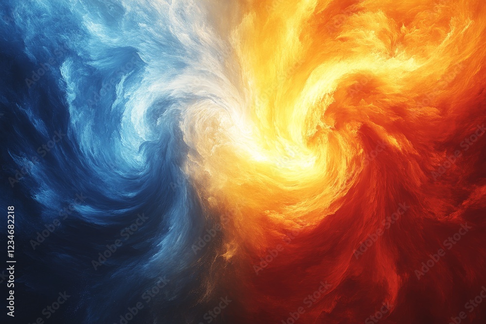Poster colors blend in a swirling dance of blue and orange creating a mesmerizing abstract composition