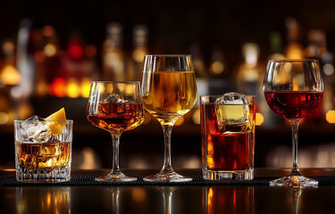Naklejka premium Different alcohol drinks on table in bar 