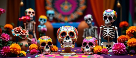 Fototapeta premium Colorful skulls and flowers on a table, evoking the Mexican holiday of DÃ­a de los Muertos