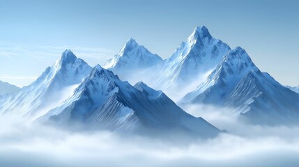 Snow-covered mountain range with misty clouds
