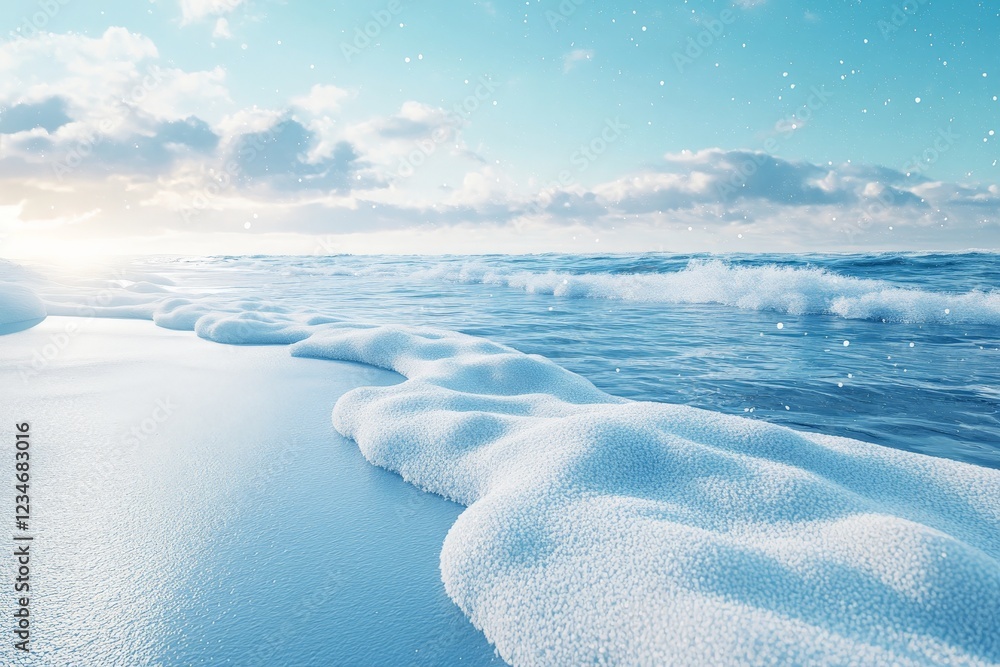 Poster ocean waves gently lapping at the shore with frothy white foam under a bright blue sky during early 