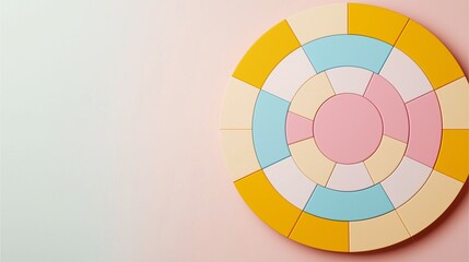 Obraz premium A colorful circular puzzle made of pastel-toned pieces arranged on a soft pink background.