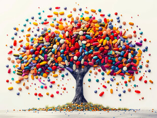 Fototapeta premium Tree where its leaves and fruits are colorful pills, tablets and capsules. Composition symbolizes natural health and importance of vitamins in every day. Health care, pharmaceuticals, medicine.