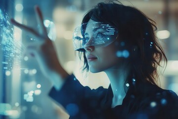 professional woman in modern office setting using holographic augmented reality interface, surrounded by floating digital elements and soft ambient lighting