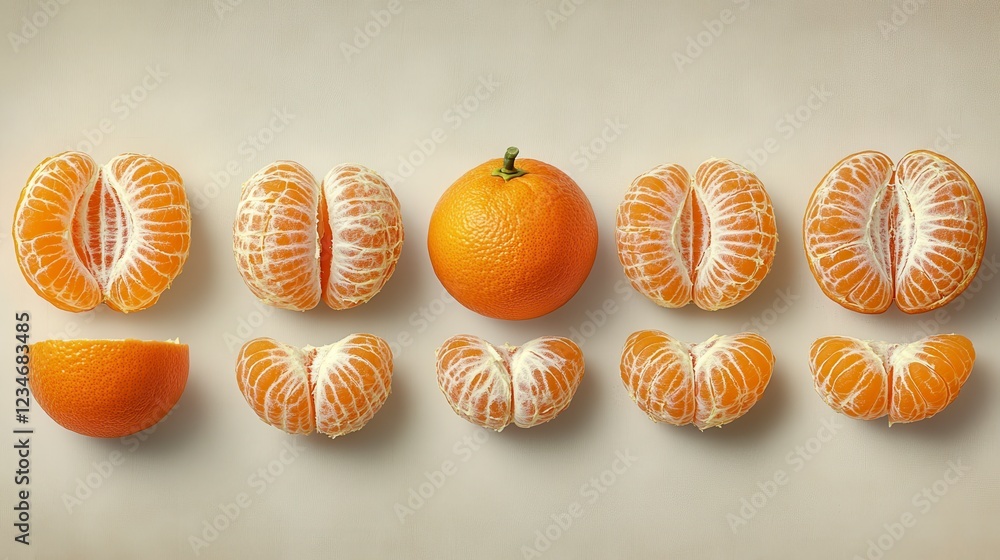 Poster studio shot of peeled and whole mandarin oranges arranged on a beige background. the segments are di