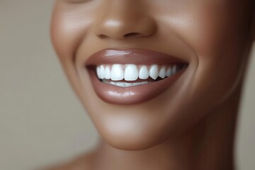 Fototapeta premium radiant woman with genuine smile, soft natural lighting, portrait style, glowing skin, perfect white teeth, warm golden hour illumination, professional headshot