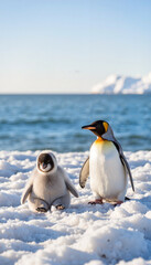 Young penguin and adult penguin on snowy shore, Antarctic nurturing
