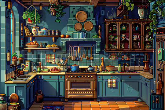 Illustrate a Culinary arts scene in pixel art style, showcasing a whimsical kitchen with vibrant colors and intricate details, enticing the viewers appetite