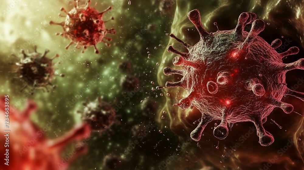Poster microscopic view of coronavirus particles, detailed rendering of viral structures and floating parti