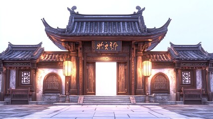 Obraz premium Traditional Chinese Gate with Lanterns and Banners on White Background