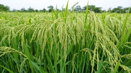 Green rice paddy field, rural landscape, agriculture