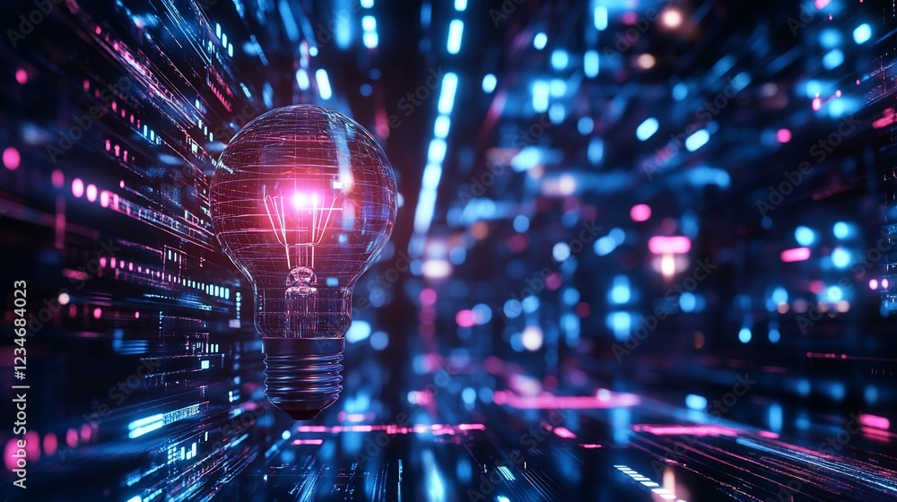 Poster glowing light bulb amidst a futuristic digital data stream creating a concept