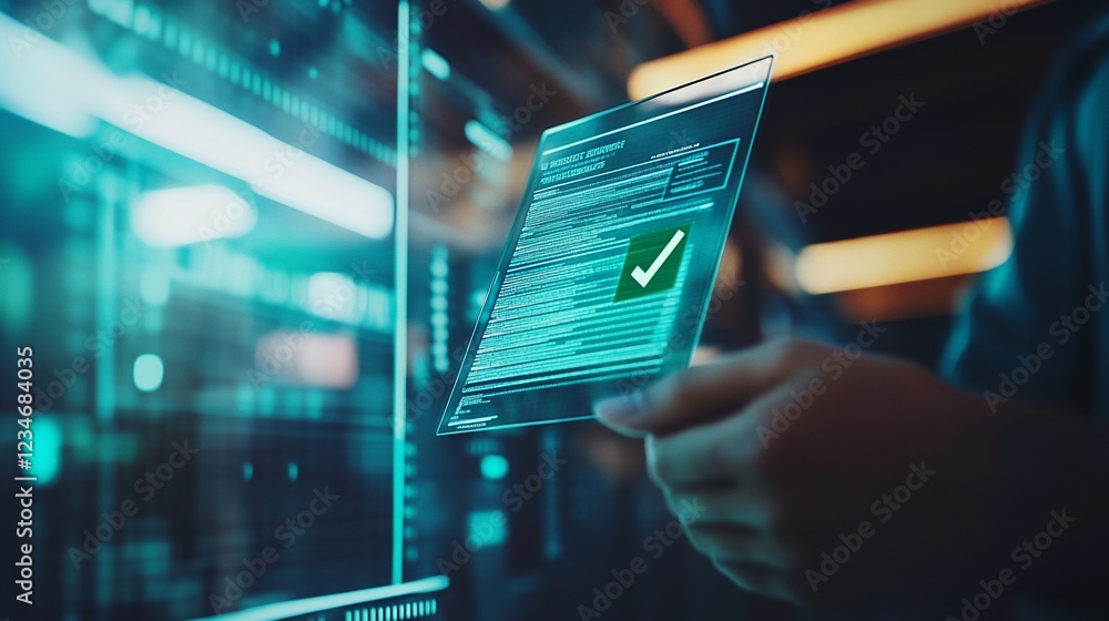 Poster a person holds a transparent screen with a checkmark on a futuristic background