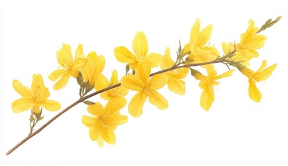 Branch of vibrant yellow flowers against a white background. Detailed close up showcasing delicate petals and textures. Springtime floral image