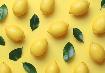 Vibrant flat lay of fresh lemons and green leaves arranged on a yellow background. The image features a bright, cheerful aesthetic with a repetitive