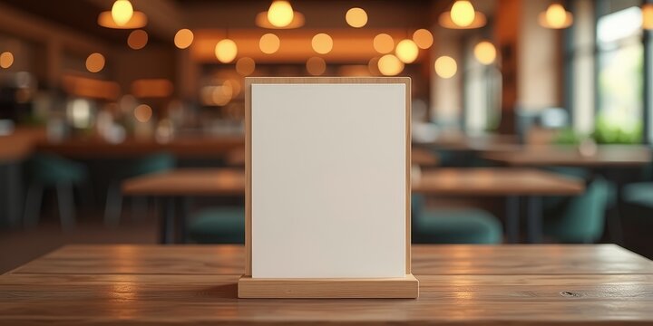 A blank sign stands on a table in a restaurant, awaiting the creation of a menu or message