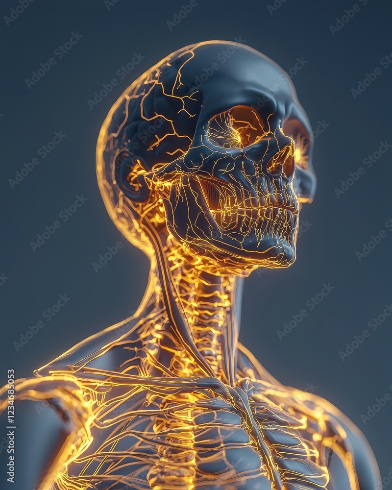 Poster a digital representation of a human skeleton with glowing elements, showcasing intricate details of 