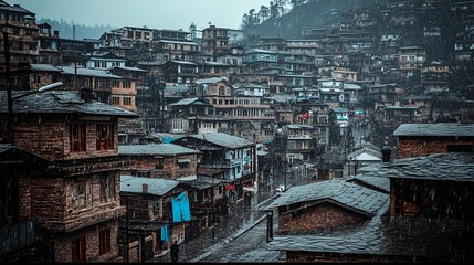 Fototapeta premium Serene Village Captured in Misty Hills with Photorealistic Quality