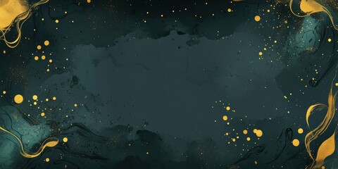 A dark green background with golden splashes and gold dots, with space in the middle of an frame,